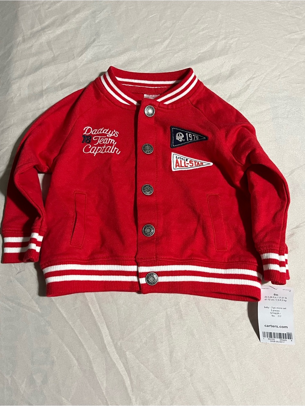 Carter's Red Toddler Varsity Jacket with White Stripe Trim Size 9 Months NWT